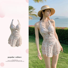Swimming Suit for Women Solid Color Slimming One-piece Dress Style Conservative Waist Tightening Slimming Vacation Swimsuit