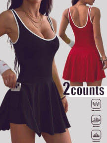 Women's Solid Contrast Trim Backless Sports Dress, High Stretch Sporty Comfortable Breathable Sports Dress with Built-in Pocket, Ladies Sportswear for All Seasons, Tennis Attire, Sporty Chic Dress, Gym Dress, Tennis Athletic Dress, Yoga Active Dress