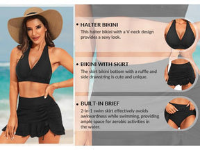 Womens High Waisted Bikini with Skirt Two Piece Swimsuit with Tummy Control Halter Bathing Suit V Neck Bikini Top with Built-in Bottom Bikini Skirt Full Coverage Bikini  dealsforyoudays