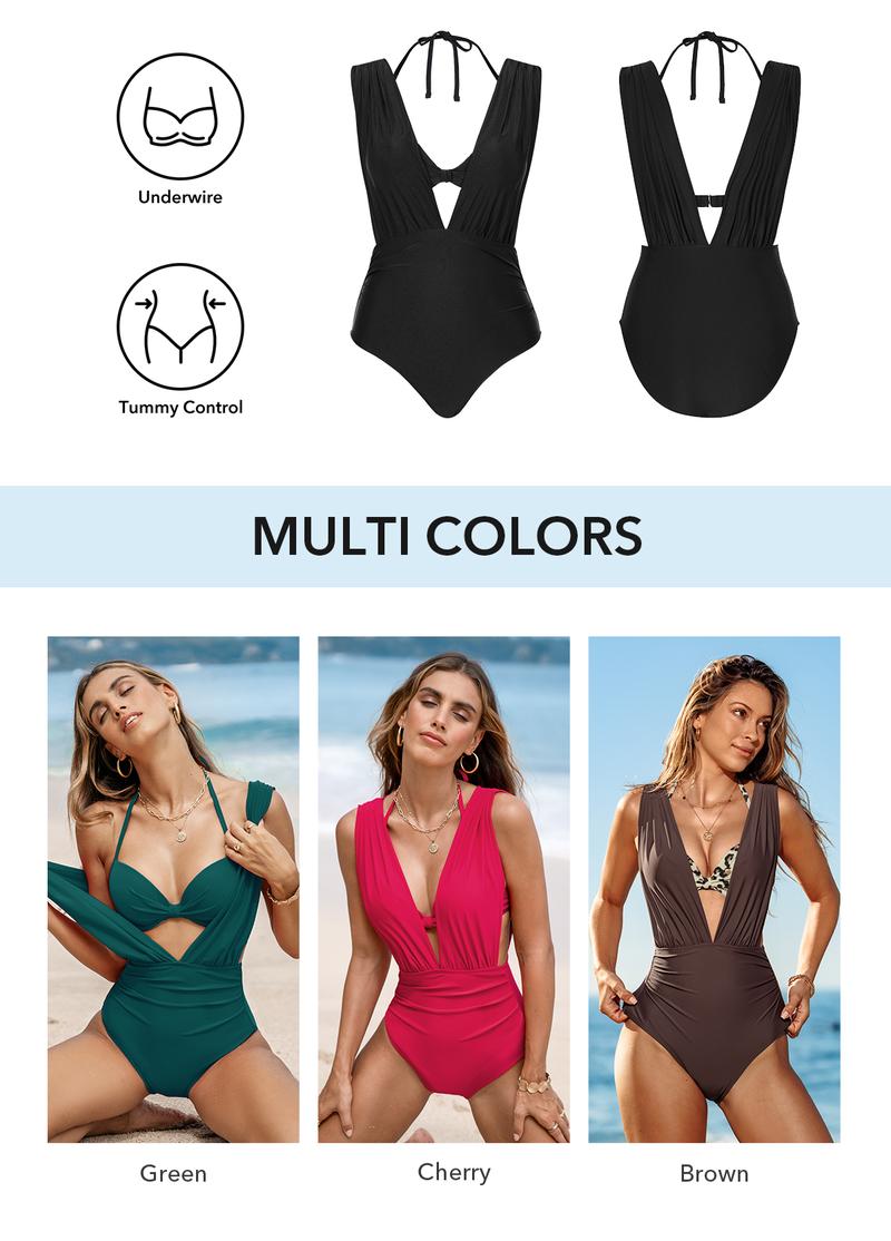 Women's Underwire Tummy Control One Piece Swimsuit Casual Beachwear Deep V Neck High Bust Support Summer Beach Trendy Swimwear Bathing Suits  #TikTokShopLaborDaySale