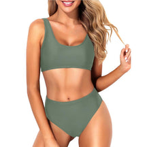 Women Two Piece Scoop Neck Bikini Crop Top High Cut Swimsuit Sporty High Waisted Bathing Suit with Bottoms