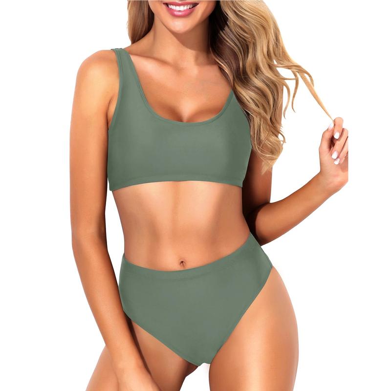 Women Two Piece Scoop Neck Bikini Crop Top High Cut Swimsuit Sporty High Waisted Bathing Suit with Bottoms
