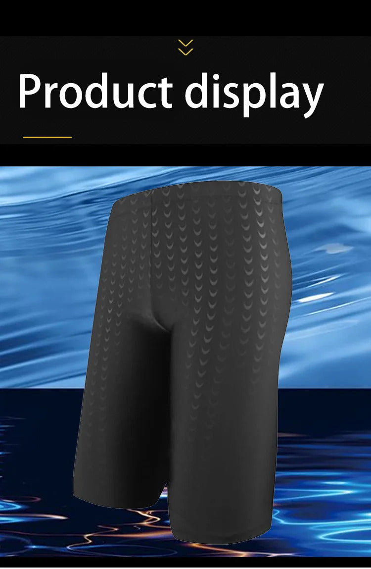 Adult Men's Summer Pure Black Large Size Professional Waterproof Quick Drying Bionic Fabric Sharkskin Swimming Trunks Wholesale