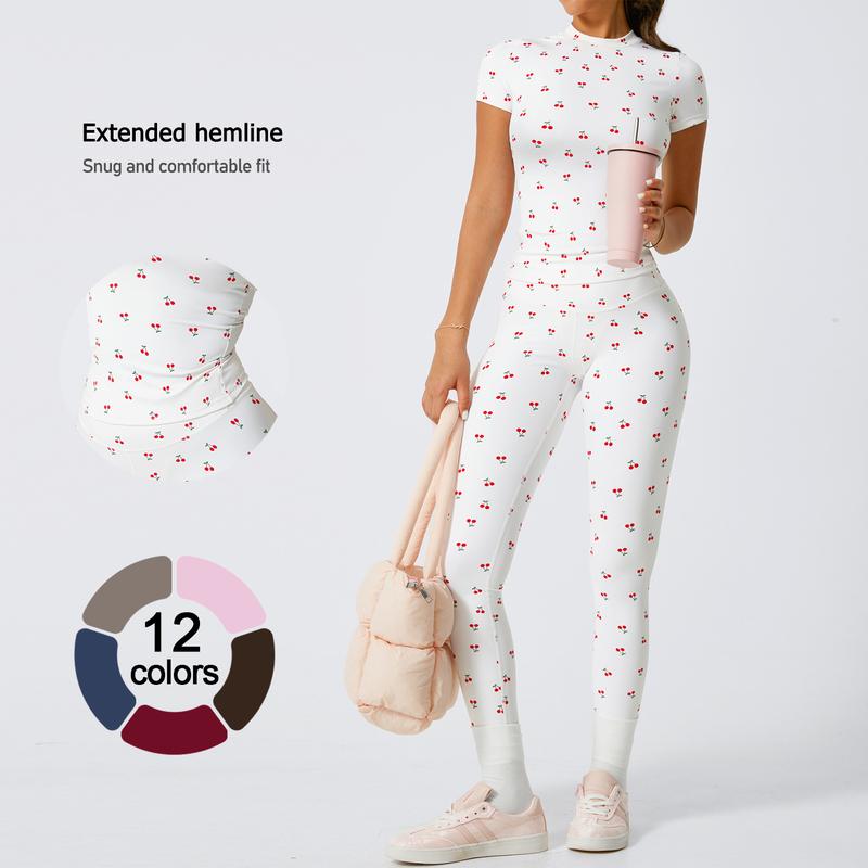 Women's 2-Piece Cherry Print Crew Neck Tee & High-Waist Leggings Set , Extended Hemline, Quick-Dry Snug , Yoga, Gym, Athleisure , Women's Activewear Pilates Outfits Compression Shirts Sweatpants