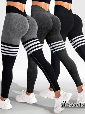 Sporty Women's Striped Print Ruched V-waist Back Sports Leggings, High Stretch Seamless Yoga Leggings, Ladies Sportswear for Indoor Outdoor Wear, Tummy Control Leggings, Legging Pants, Legging Fitness, Gym Yoga Clothing