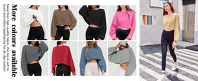 Womens Long Ballon Sleeve Sweatshirts Tops Cropped Crew Neck Loose Fit Casual Workout Shirts