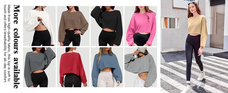 Womens Long Ballon Sleeve Sweatshirts Tops Cropped Crew Neck Loose Fit Casual Workout Shirts
