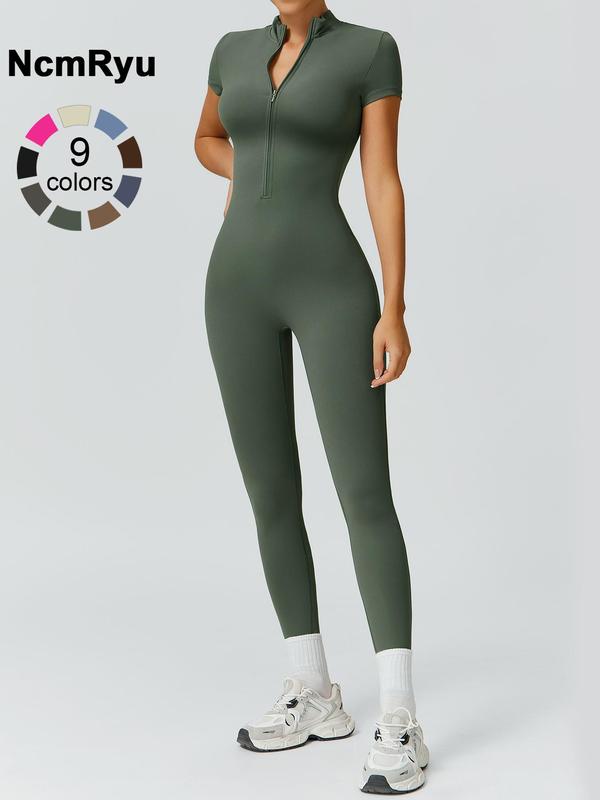 Women's High Elastic Soft Collar Half-zip Tight Waist Tight Hip Yoga Suit Outdoor Running, Cycling, Mountaineering, Walking, Naked Body Clothes Gym Sports Training All-match Short-sleeved Pants, Workout Gym Clothing, Sportswear Jumpsuits