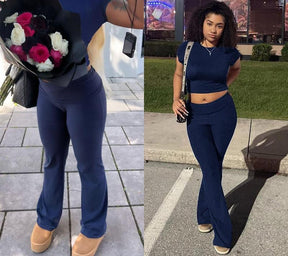 Yoga Women's two-piece casual wear slim fit short sleeved top, low waist bell bottom pants tight pants set, yoga sportswear set, yoga suit, sportswear, slim fit set, fitness set, pajamas set   tracksuits men Loungewear Womenswear Outfit