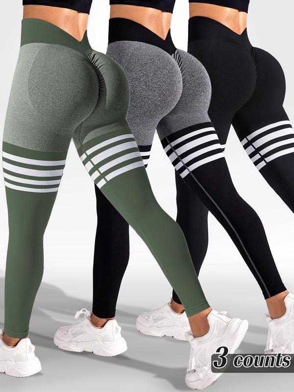 Sporty Women's Striped Print Ruched V-waist Back Sports Leggings, High Stretch Seamless Yoga Leggings, Ladies Sportswear for Indoor Outdoor Wear, Tummy Control Leggings, Legging Pants, Legging Fitness, Gym Yoga Clothing