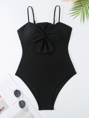 Women's Solid Twist One-piece Swimwear & Leaf Print Tie Front Cover Up Skirt Set, Boho Fashion Adjustable Strap Swimwear Set for Beach Holiday Vacation, Ladies Swimsuit for All Seasons
