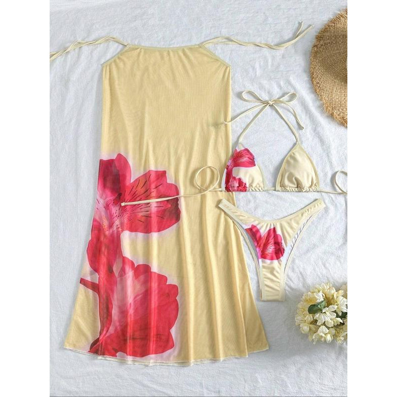 Women's Floral Print Bikini Set, Casual Fashion Chic Swimsuit Set for Beach Holiday Vacation, Ladies Swimwear for All Seasons, Bikini Skirt Set, Floral Bikini Top, Bikinis Sets