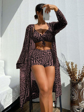 Three-piece Set Women's Geometric Print Drawstring Swimsuit Set, Bikini Sets, Ladies Swimwear for All Seasons, Bikini Top Trunks, Bikini Outfits, Beach Ready, Beachwear, Summer Swimsuit Set, Bikini Bottom