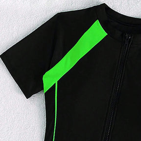 Female Summer One-piece Solid Color Patchwork Flat Angle Short Sleeved Zippered Swimsuit Sun Protection Quick-Drying Swimwear