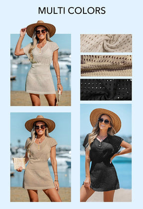 Women's Swimwear Hollow Out Crochet Beach Cover Up Summer Dresses V Neck Swimsuit Short Sleeve Summer Womenswear Bathing Suits #TikTokShopBacktoSchool