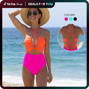 Color Block Front Cutout One Piece Swimsuit,Adjustable Bandage Design Tummy Control Neon Swimsuit for Vacation,dealsforyoudays