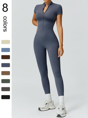 Women's High Elastic Soft Collar Half-zip Tight Waist Tight Hip Yoga Suit Outdoor Running, Cycling, Mountaineering, Walking, Naked Body Clothes Gym Sports Training All-match Short-sleeved Pants, Workout Gym Clothing, Sportswear Jumpsuits