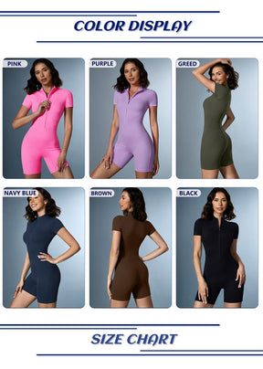 Women's Solid Zipper Mock Neck Sports Romper,  Summer Clothes Women, Casual Sporty Activewear One-piece Sports Romper for Yoga Gym Workout Running