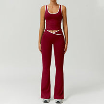 Color Block U-Neck Piped Tank & Bell Bottom Set , Stretch Fabric, Flared Fit , Yoga, Gym, Outdoor & Daily Athleisure , Wome Stylish Activewearn's Summer Lounge Sweatsuits Sleeveless Exercise