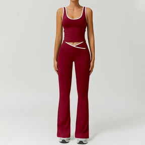 Color Block U-Neck Piped Tank & Bell Bottom Set , Stretch Fabric, Flared Fit , Yoga, Gym, Outdoor & Daily Athleisure , Wome Stylish Activewearn's Summer Lounge Sweatsuits Sleeveless Exercise