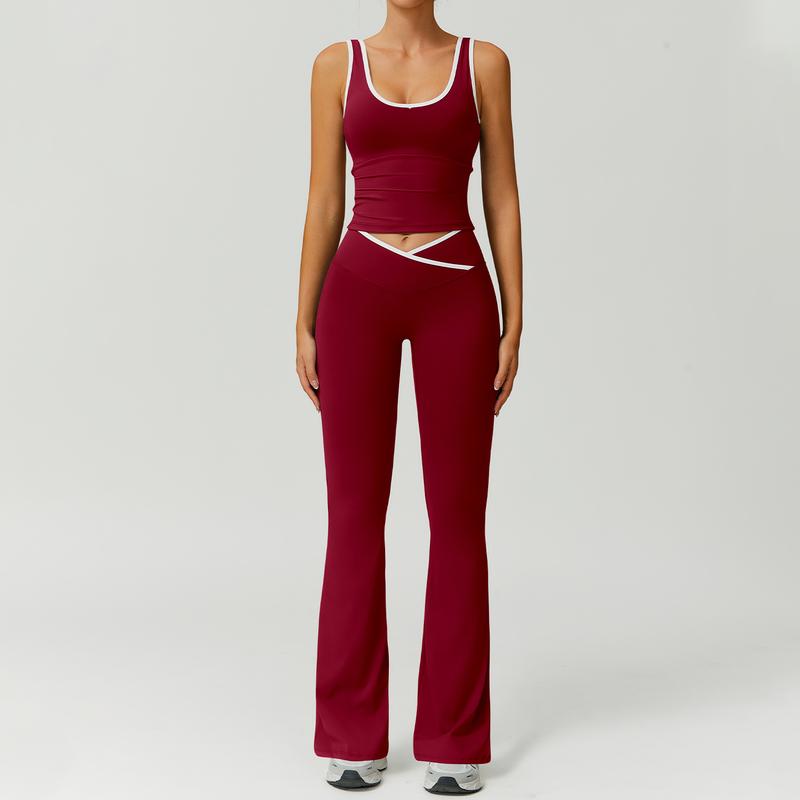 Color Block U-Neck Piped Tank & Bell Bottom Set , Stretch Fabric, Flared Fit , Yoga, Gym, Outdoor & Daily Athleisure , Wome Stylish Activewearn's Summer Lounge Sweatsuits Sleeveless Exercise