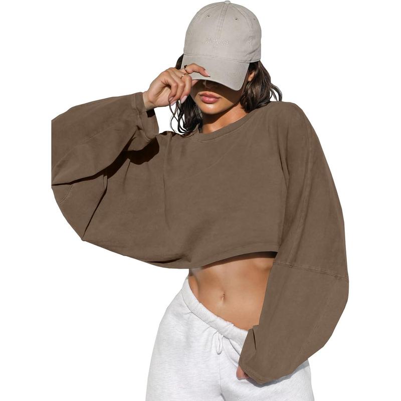 Womens Long Ballon Sleeve Sweatshirts Tops Cropped Crew Neck Loose Fit Casual Workout Shirts