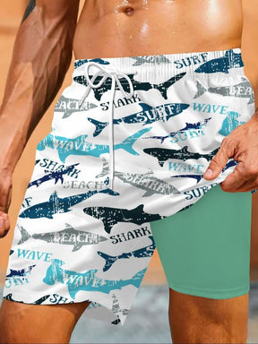 Men's All Over Print 2 in 1 Drawstring Waist Swimming Beach Shorts, Casual Quick Drying Swim Shorts for Summer, Men's Swimwear for Beach Vacation Outdoor, Clothing, Summer Swim Bottoms, Summer Swim Trunks, Swimbottoms, Swimtrunks