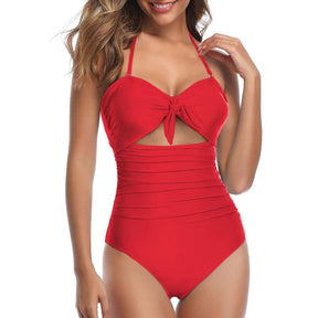 Women Sexy Cutout One Piece Swimsuits Tummy Control High Waisted Halter Front Tie Knot Bathing Suit Plus Size Full Coverage Swimsuit for Women