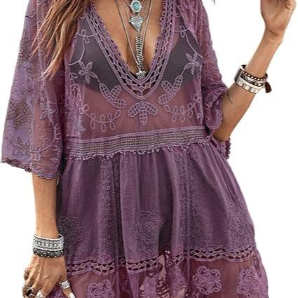 Women's Contrast Lace Bathing Suit Cover Up V-Neck Swimsuit Coverups Loose Swimwear Beach Dress Beachwear Deals for You Days