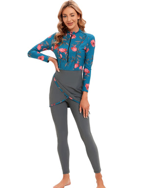 New Muslim Swimwear Women Modest Patchwork Hijab Long Sleeves Sport Swimsuit 3pcs Islamic Burkinis Wear Bathing Suit