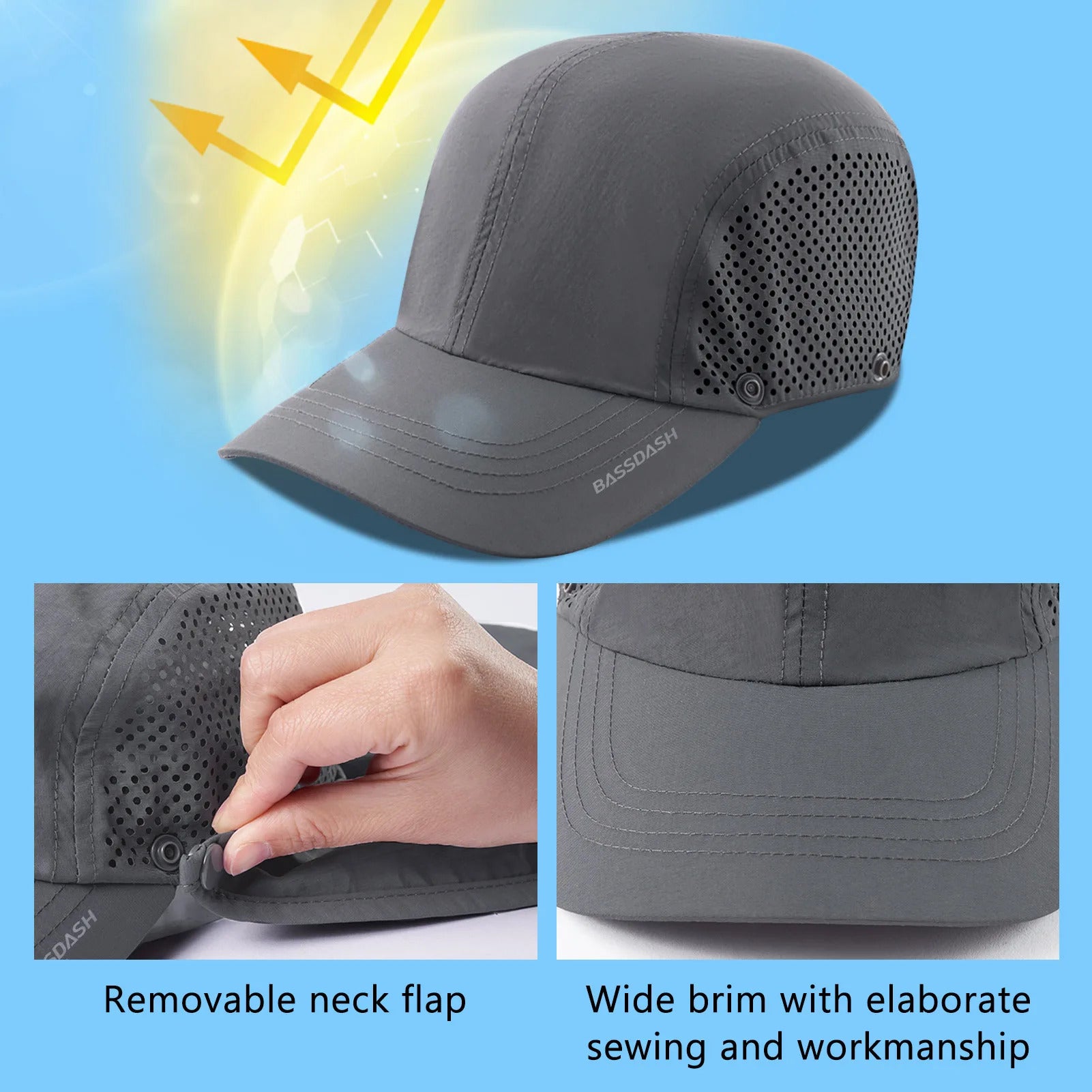 50+ Foldable Fishing Hat Baseball Cap with Removable Neck Flap Portable for Men Women Golf Hiking