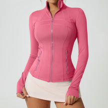 Women's Solid Color Multi-Functional Paneled Zippered Sports Yoga Jacket,gym workouts, badminton, and casual exercise. workout clothes women Design