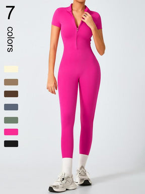 Women's High Elastic Soft Collar Half-zip Tight Waist Tight Hip Yoga Suit Outdoor Running, Cycling, Mountaineering, Walking, Naked Body Clothes Gym Sports Training All-match Short-sleeved Pants, Workout Gym Clothing, Sportswear Jumpsuits