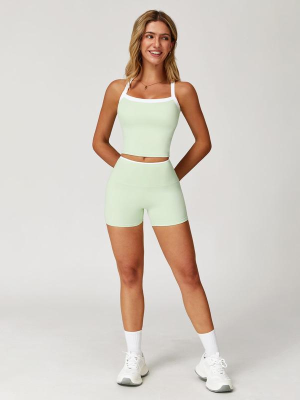 Women's Colorblock Print Tank Top & High Waist Shorts Sports Set, Casual Breathable Comfortable Two-piece Outfits for Yoga Gym Workout Running, Ladies Sportswear for All Seasons, Gymswear, Workout Sets