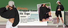 Womens Long Ballon Sleeve Sweatshirts Tops Cropped Crew Neck Loose Fit Casual Workout Shirts