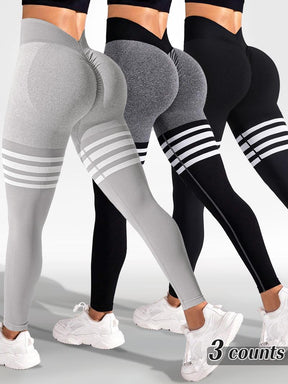 Sporty Women's Striped Print Ruched V-waist Back Sports Leggings, High Stretch Seamless Yoga Leggings, Ladies Sportswear for Indoor Outdoor Wear, Tummy Control Leggings, Legging Pants, Legging Fitness, Gym Yoga Clothing