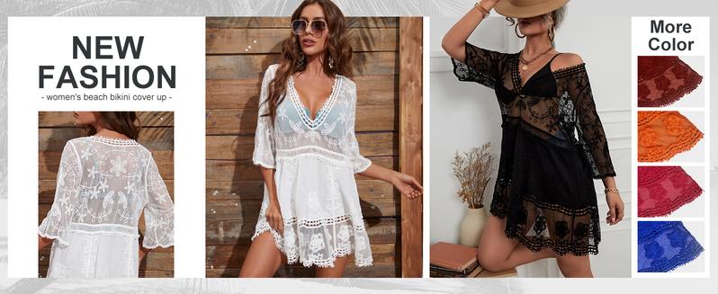 Women's Contrast Lace Bathing Suit Cover Up V-Neck Swimsuit Coverups Loose Swimwear Beach Dress Beachwear Deals for You Days