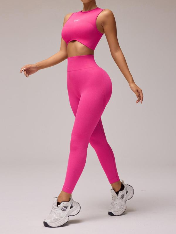 Women's Letter Pattern Crop Tank Top & High Waist Leggings Tracksuit Set, Casual Comfy Breathable Seamless for Yoga Gym Workout Running, Ladies Sportswear for All Seasons, Workout Clothes, Fitness Clothes, Sleeveless Gym Tops, Athleisure Wear