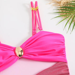 Women’s Metal Design 2 Piece Cut Out Color Block Sexy Swimsuit With Cover Up Skirt