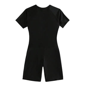 Female Summer One-piece Solid Color Patchwork Flat Angle Short Sleeved Zippered Swimsuit Sun Protection Quick-Drying Swimwear