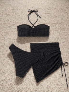 Women's Solid Criss Cross Bikini Set, Tie Back Bikini Top & High Cut Swim Knicker & Drawstring Skirt Swimsuit Set, Summer Bathing Suits, Swimming Suit for Women, Full Coverage Bikinis, Bikini Swimsuits, Halter Swimsuit