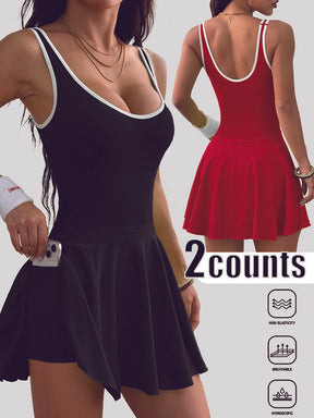 Women's Solid Contrast Trim Backless Sports Dress, High Stretch Sporty Comfortable Breathable Sports Dress with Built-in Pocket, Ladies Sportswear for All Seasons, Tennis Attire, Sporty Chic Dress, Gym Dress, Tennis Athletic Dress, Yoga Active Dress
