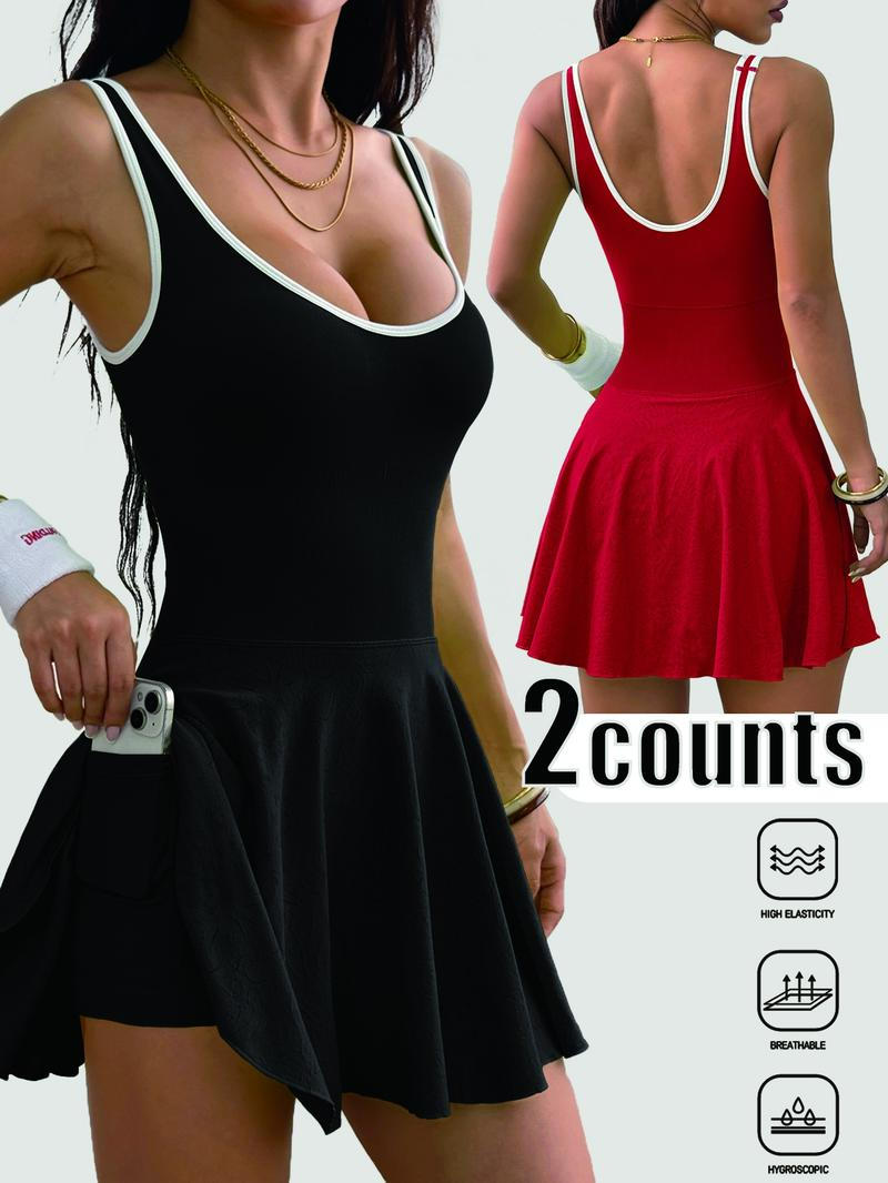 Women's Solid Contrast Trim Backless Sports Dress, High Stretch Sporty Comfortable Breathable Sports Dress with Built-in Pocket, Ladies Sportswear for All Seasons, Tennis Attire, Sporty Chic Dress, Gym Dress, Tennis Athletic Dress, Yoga Active Dress