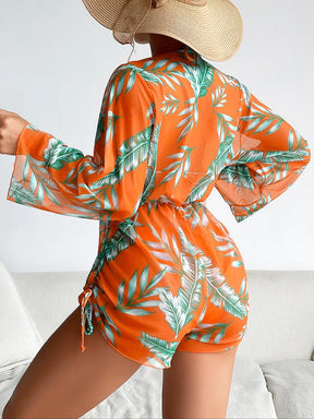 Women's Tropical Print Bikini Set, Halter Neck Tie Back Triangle Bra & Drawstring Side High Waist Romper & High Cut Swim Panty Swimsuit Sets, Beach Bathing Suit, Women's Swimwear, Summer Swimsuit Style Beach Bikini, Swim Top Set
