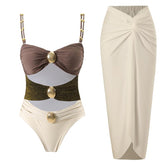 Women’s Metal Design 2 Piece Cut Out Color Block Sexy Swimsuit With Cover Up Skirt