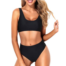 Women Two Piece Scoop Neck Bikini Crop Top High Cut Swimsuit Sporty High Waisted Bathing Suit with Bottoms