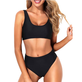 Women Two Piece Scoop Neck Bikini Crop Top High Cut Swimsuit Sporty High Waisted Bathing Suit with Bottoms