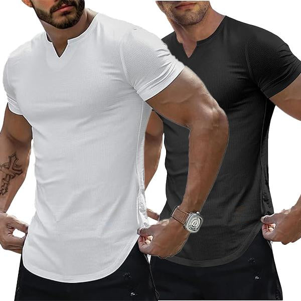 Set of 2 Men's Plain Muscle Slim V-Neck Short Sleeve T-Shirt for Daily Outdoor Wear, Casual Athletic Wear, and Gym Workout Outdoorfun，Father's Day gift