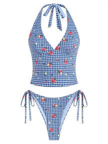 Women's Summer Beach Floral Leaves Halter Tied Tank Style Full Coverage Bikini Tankini Set Two Piece Bathing Suits