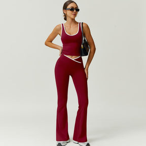 Color Block U-Neck Piped Tank & Bell Bottom Set , Stretch Fabric, Flared Fit , Yoga, Gym, Outdoor & Daily Athleisure , Wome Stylish Activewearn's Summer Lounge Sweatsuits Sleeveless Exercise